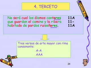4. TERCETO

No será cual los álamos cantores       11A
que guardan el camino y la ribera      11-
habitado de pardos ruiseñores.         11A




      Tres versos de arte mayor con rima
      consonante:
                  A-A
                  AAA


                                       24
 