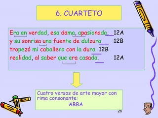 6. CUARTETO

Era en verdad, esa dama, apasionada, 12A
y su sonrisa una fuente de dulzura   12B
tropezó mi caballero con la dura 12B
realidad, al saber que era casada.   12A




         Cuatro versos de arte mayor con
         rima consonante:
                     ABBA
                                           26
 
