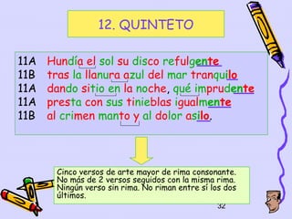 12. QUINTETO

11A   Hundía el sol su disco refulgente
11B   tras la llanura azul del mar tranquilo
11A   dando sitio en la noche, qué imprudente
11A   presta con sus tinieblas igualmente
11B   al crimen manto y al dolor asilo.



       Cinco versos de arte mayor de rima consonante.
       No más de 2 versos seguidos con la misma rima.
       Ningún verso sin rima. No riman entre sí los dos
       últimos.
                                                 32
 