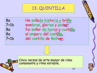 13. QUINTILLA

8a         He soñado historia y brillo
7+1b       sombras, glorias y poder;
8a         fui señor de horca y cuchillo
8a         al amparo del castillo,
7+1b       del castillo de Bellver.




       Cinco versos de arte menor de rima
       consonante y rima variable.
                                            33
 
