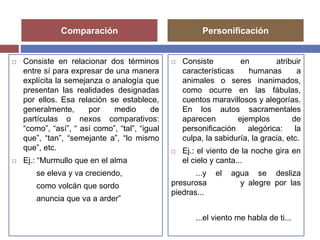Comparación Personificación 
 Consiste en relacionar dos términos 
entre sí para expresar de una manera 
explícita la semejanza o analogía que 
presentan las realidades designadas 
por ellos. Esa relación se establece, 
generalmente, por medio de 
partículas o nexos comparativos: 
“como”, “así”, “ así como”, “tal”, “igual 
que”, “tan”, “semejante a”, “lo mismo 
que”, etc. 
 Ej.: “Murmullo que en el alma 
se eleva y va creciendo, 
como volcán que sordo 
anuncia que va a arder” 
 Consiste en atribuir 
características humanas a 
animales o seres inanimados, 
como ocurre en las fábulas, 
cuentos maravillosos y alegorías. 
En los autos sacramentales 
aparecen ejemplos de 
personificación alegórica: la 
culpa, la sabiduría, la gracia, etc. 
 Ej.: el viento de la noche gira en 
el cielo y canta... 
...y el agua se desliza 
presurosa y alegre por las 
piedras... 
...el viento me habla de ti... 
 