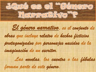 El género narrativo conjunto
obras relatos hechos ficticios
protagonizados personajes nacidos
imaginación escritor
novelas...