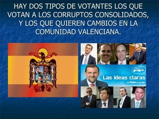 HAY DOS TIPOS DE VOTANTES LOS QUE VOTAN A LOS CORRUPTOS CONSOLIDADOS, Y LOS QUE QUIEREN CAMBIOS EN LA COMUNIDAD VALENCIANA. 