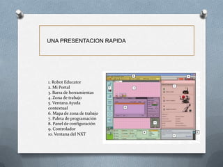 UNA PRESENTACION RAPIDA
1. Robot Educator
2. Mi Portal
3. Barra de herramientas
4. Zona de trabajo
5. Ventana Ayuda
contextual
6. Mapa de zona de trabajo
7. Paleta de programación
8. Panel de configuración
9. Controlador
10. Ventana del NXT
 