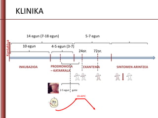 Kontaktua
10 egun 4-5 egun (3-7)
14 egun (7-18 egun)
INKUBAZIOA PRODROMOSA
– KATARRALA
EXANTEMA
24or. 72or.
5-7 egun
SINTOMEN ARINTZEA
KLINIKA
2-5 egun gutxi
39-40ºC
 