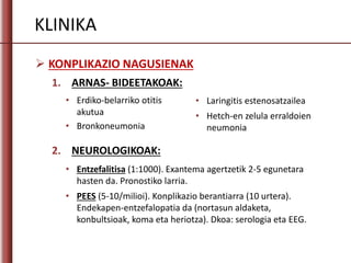 KLINIKA
 KONPLIKAZIO NAGUSIENAK
1. ARNAS- BIDEETAKOAK:
• Erdiko-belarriko otitis
akutua
• Bronkoneumonia
• Laringitis estenosatzailea
• Hetch-en zelula erraldoien
neumonia
2. NEUROLOGIKOAK:
• Entzefalitisa (1:1000). Exantema agertzetik 2-5 egunetara
hasten da. Pronostiko larria.
• PEES (5-10/milioi). Konplikazio berantiarra (10 urtera).
Endekapen-entzefalopatia da (nortasun aldaketa,
konbultsioak, koma eta heriotza). Dkoa: serologia eta EEG.
 
