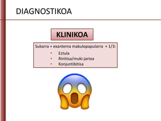 DIAGNOSTIKOA
KLINIKOA
Sukarra + exantema makulopapularra + 1/3:
• Eztula
• Rinitisa/muki-jarioa
• Konjuntibitisa
 