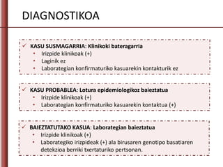 DIAGNOSTIKOA
 KASU SUSMAGARRIA: Klinikoki bateragarria
• Irizpide klinikoak (+)
• Laginik ez
• Laborategian konfirmaturiko kasuarekin kontakturik ez
 KASU PROBABLEA: Lotura epidemiologikoz baieztatua
• Irizpide klinikoak (+)
• Laborategian konfirmaturiko kasuarekin kontaktua (+)
 BAIEZTATUTAKO KASUA: Laborategian baieztatua
• Irizpide klinikoak (+)
• Laborategiko irizpideak (+) ala birusaren genotipo basatiaren
detekzioa berriki txertaturiko pertsonan.
 