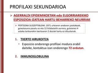 PROFILAXI SEKUNDARIOA
 AGERRALDI EPIDEMIKOETAN edo ELGORRIAREKIKO
ESPOSIZIOA IZATEAN HARTU BEHARREKO NEURRIAK
• Esposizio ondorengo profilaxi modura erabil
daiteke, kontaktua izan ondorengo 72 ordutan.
 PERTSONA SUSZEPTIBLEAK: 1971 urtearen ondoren jaiotakoak,
gaixotasuna pasatu ez eta 12 hilabetetik aurrera, gutxienez 4
asteko tartearekin txertoaren 2 dosiak hartu ez dituztenak.
1. TXERTO HIRUKOITZA
2. INMUNOGLOBULINA
 