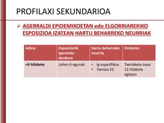  AGERRALDI EPIDEMIKOETAN edo ELGORRIAREKIKO
ESPOSIZIOA IZATEAN HARTU BEHARREKO NEURRIAK
Adina Esposiziotik
igarotako
denbora
Hartu beharreko
neurria
Ondoren
<6 hilabete Lehen 6 egunak • Ig espezifikoa
• Txertoa EZ
Txertaketa osoa
12 hilabete
egitean
PROFILAXI SEKUNDARIOA
 