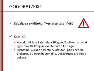 GOGORATZEKO
 Zabaltzea ekiditeko: Txertatze tasa >%95.
• Kontaktutik fase katarrelera 10 egun, Koplik-en orbanak
agertzera 10-12 egun, exantemara 14-15 egun.
• Exantema: Buruan hasi eta 72 ordutan, goitik behera
orokortu. 5-7 egun irauten ditu. Desagertzea ere goitik
behera.
 KLINIKA:
 