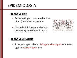 EPIDEMIOLOGIA
• TRANSMISIOA
• Pertsonatik pertsonara, sekrezioen
bidez (doministikua, eztula).
• Airean bizirik irauten du hainbat
orduz eta gainazaletan 2 orduz.
• Exantema agertu baino 2-4 egun lehenagotik exantema
agertu osteko 4 egun arte.
• TRANSMISIO-ALDIA
 