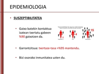 EPIDEMIOLOGIA
• SUSZEPTIBILITATEA
• Gaixo batekin kontaktua
izatean txertatu gabeen
%90 gaixotzen da.
• Garrantzitsua: txertaze-tasa >%95 mantendu.
• Bizi osorako inmunitatea uzten du.
 