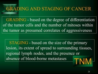 28
GRADING AND STAGING OF CANCER
GRADING - based on the degree of differentiation
of the tumor cells and the number of mitoses within
the tumor as presumed correlates of aggressiveness
STAGING - based on the size of the primary
lesion, its extent of spread to surrounding tissues,
regional lymph nodes, and the presence or
absence of blood-borne metastases
TNM
 