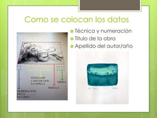 Como se colocan los datos
 Técnica y numeración
 Titulo de la obra
 Apellido del autor/año
 