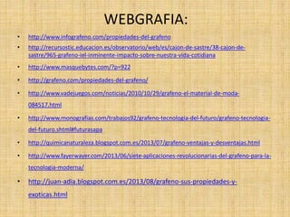 WEBGRAFIA:
• http://www.infografeno.com/propiedades-del-grafeno
• http://recursostic.educacion.es/observatorio/web/es/cajon-de-sastre/38-cajon-de-
sastre/965-grafeno-iel-inminente-impacto-sobre-nuestra-vida-cotidiana
• http://www.masquebytes.com/?p=922
• http://grafeno.com/propiedades-del-grafeno/
• http://www.vadejuegos.com/noticias/2010/10/29/grafeno-el-material-de-moda-
084517.html
• http://www.monografias.com/trabajos92/grafeno-tecnologia-del-futuro/grafeno-tecnologia-
del-futuro.shtml#futurasapa
• http://quimicanaturaleza.blogspot.com.es/2013/07/grafeno-ventajas-y-desventajas.html
• http://www.fayerwayer.com/2013/06/siete-aplicaciones-revolucionarias-del-grafeno-para-la-
tecnologia-moderna/
• http://juan-adia.blogspot.com.es/2013/08/grafeno-sus-propiedades-y-
exoticas.html
 