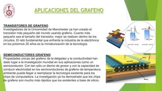 APLICACIONES DEL GRAFENO
TRANSISTORES DE GRAFENO
Investigadores de la Universidad de Manchester ya han creado el
transistor más pequeño del mundo usando grafeno. Cuanto más
pequeño sea el tamaño del transistor, mejor se realizan dentro de los
circuitos. El reto fundamental que enfrenta la industria de la electrónica
en los próximos 20 años es la miniaturización de la tecnología.
SEMICONDUCTORES GRAFENO
Propiedades únicas del grafeno de la delgadez y la conductividad han
dado lugar a la investigación mundial en sus aplicaciones como un
semiconductor. Con tan sólo un átomo de grosor y con la capacidad de
conducir electricidad en los semiconductores de grafeno de temperatura
ambiente puede llegar a reemplazar la tecnología existente para los
chips de computadora. La investigación ya ha demostrado que los chips
de grafeno son mucho más rápidos que los existentes a base de silicio.
 