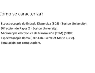 Cómo se caracteriza? 
Espectroscopia de Energía Dispersiva (EDS) (Boston University). 
Difracción de Rayos X (Boston University). 
Microscopía electrónica de transmisión (TEM) (STRIP). 
Espectroscopía Rama (UTP-Lab. Pierre et Marie Curie). 
Simulación por computadora. 
 