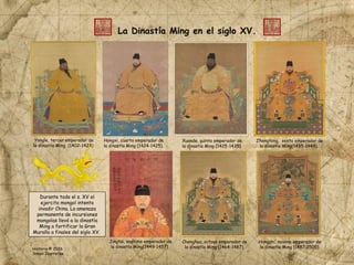 La Dinastía Ming en el siglo XV.
Zhengtong, sexto emperador de
la dinastía Ming(1435-1449).
Xuande, quinto emperador de
la dinastía Ming (1425-1435).
Hongxi, cuarto emperador de
la dinastía Ming (1424-1425).
Jingtai, septimo emperador de
la dinastía Ming(1449-1457).
Chenghua, octavo emperador de
la dinastía Ming (1464-1487).
Hongzhi, noveno emperador de
la dinastía Ming (1487-1505).
Durante todo el s. XV el
ejercito mongol intento
invadir China. La amenaza
permanente de incursiones
mongolas llevó a la dinastía
Ming a fortificar la Gran
Muralla a finales del siglo XV.
Yongle, tercer emperador de
la dinastía Ming (1402-1424)
Historia © 2026
Simon Ibarretxe
 