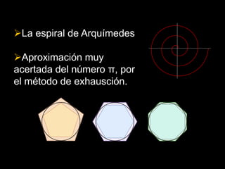 La espiral de Arquímedes

Aproximación muy
acertada del número π, por
el método de exhausción.
 