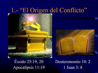 1.- “El Origen del Conflicto”




Éxodo 25:19, 20     Deuteronomio 10: 2
Apocalipsis 11:19       1 Juan 3: 8
 