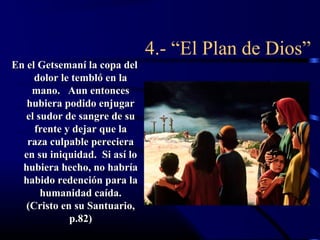 4.- “El Plan de Dios”
En el Getsemaní la copa del
     dolor le tembló en la
    mano. Aun entonces
   hubiera podido enjugar
   el sudor de sangre de su
     frente y dejar que la
   raza culpable pereciera
  en su iniquidad. Si así lo
  hubiera hecho, no habría
  habido redención para la
       humanidad caída.
   (Cristo en su Santuario,
             p.82)
 