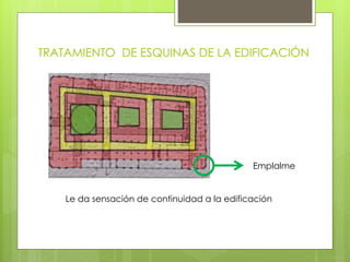 TRATAMIENTO DE ESQUINAS DE LA EDIFICACIÓN
Le da sensación de continuidad a la edificación
Emplalme
 