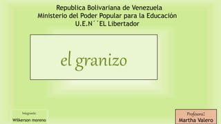 Republica Bolivariana de Venezuela
Ministerio del Poder Popular para la Educación
U.E.N´´EL Libertador
Integrante:
Wilkerson moreno
Profesora:
Martha Valero
el granizo
 