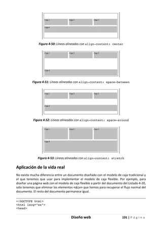 Diseño web 191 | P á g i n a
Figura 4-50: Líneas alineadas con align-content: center
Figura 4-51: Líneas alineadas con align-content: space-between
Figura 4-52: Líneas alineadas con align-content: space-around
Figura 4-53: Líneas alineadas con align-content: stretch
Aplicación de la vida real
No existe mucha diferencia entre un documento diseñado con el modelo de caja tradicional y
el que tenemos que usar para implementar el modelo de caja flexible. Por ejemplo, para
diseñar una página web con el modelo de caja flexible a partir del documento del Listado 4-20,
solo tenemos que eliminar los elementos <div> que hemos para recuperar el flujo normal del
documento. El resto del documento permanece igual.
<!DOCTYPE html>
<html lang="es">
<head>
 