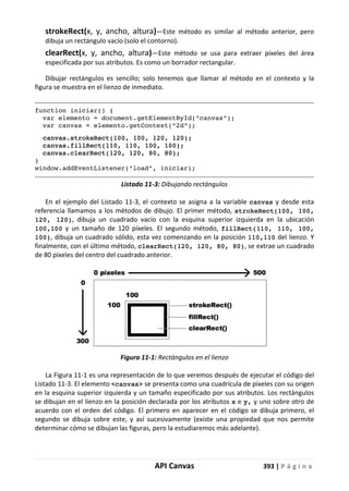 API Canvas 393 | P á g i n a
strokeRect(x, y, ancho, altura)—Este método es similar al método anterior, pero
dibuja un rectángulo vacío (solo el contorno).
clearRect(x, y, ancho, altura)—Este método se usa para extraer píxeles del área
especificada por sus atributos. Es como un borrador rectangular.
Dibujar rectángulos es sencillo; solo tenemos que llamar al método en el contexto y la
figura se muestra en el lienzo de inmediato.
function iniciar() {
var elemento = document.getElementById("canvas");
var canvas = elemento.getContext("2d");
canvas.strokeRect(100, 100, 120, 120);
canvas.fillRect(110, 110, 100, 100);
canvas.clearRect(120, 120, 80, 80);
}
window.addEventListener("load", iniciar);
Listado 11-3: Dibujando rectángulos
En el ejemplo del Listado 11-3, el contexto se asigna a la variable canvas y desde esta
referencia llamamos a los métodos de dibujo. El primer método, strokeRect(100, 100,
120, 120), dibuja un cuadrado vacío con la esquina superior izquierda en la ubicación
100,100 y un tamaño de 120 píxeles. El segundo método, fillRect(110, 110, 100,
100), dibuja un cuadrado sólido, esta vez comenzando en la posición 110,110 del lienzo. Y
finalmente, con el último método, clearRect(120, 120, 80, 80), se extrae un cuadrado
de 80 píxeles del centro del cuadrado anterior.
Figura 11-1: Rectángulos en el lienzo
La Figura 11-1 es una representación de lo que veremos después de ejecutar el código del
Listado 11-3. El elemento <canvas> se presenta como una cuadrícula de píxeles con su origen
en la esquina superior izquierda y un tamaño especificado por sus atributos. Los rectángulos
se dibujan en el lienzo en la posición declarada por los atributos x e y, y uno sobre otro de
acuerdo con el orden del código. El primero en aparecer en el código se dibuja primero, el
segundo se dibuja sobre este, y así sucesivamente (existe una propiedad que nos permite
determinar cómo se dibujan las figuras, pero la estudiaremos más adelante).
 