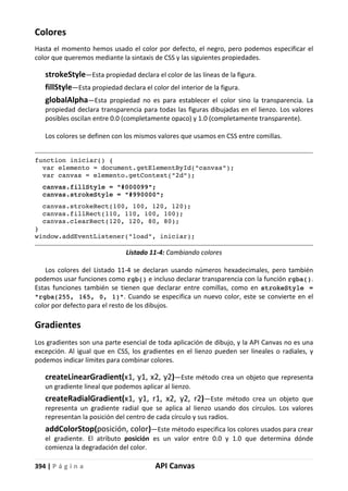394 | P á g i n a API Canvas
Colores
Hasta el momento hemos usado el color por defecto, el negro, pero podemos especificar el
color que queremos mediante la sintaxis de CSS y las siguientes propiedades.
strokeStyle—Esta propiedad declara el color de las líneas de la figura.
fillStyle—Esta propiedad declara el color del interior de la figura.
globalAlpha—Esta propiedad no es para establecer el color sino la transparencia. La
propiedad declara transparencia para todas las figuras dibujadas en el lienzo. Los valores
posibles oscilan entre 0.0 (completamente opaco) y 1.0 (completamente transparente).
Los colores se definen con los mismos valores que usamos en CSS entre comillas.
function iniciar() {
var elemento = document.getElementById("canvas");
var canvas = elemento.getContext("2d");
canvas.fillStyle = "#000099";
canvas.strokeStyle = "#990000";
canvas.strokeRect(100, 100, 120, 120);
canvas.fillRect(110, 110, 100, 100);
canvas.clearRect(120, 120, 80, 80);
}
window.addEventListener("load", iniciar);
Listado 11-4: Cambiando colores
Los colores del Listado 11-4 se declaran usando números hexadecimales, pero también
podemos usar funciones como rgb() e incluso declarar transparencia con la función rgba().
Estas funciones también se tienen que declarar entre comillas, como en strokeStyle =
"rgba(255, 165, 0, 1)". Cuando se especifica un nuevo color, este se convierte en el
color por defecto para el resto de los dibujos.
Gradientes
Los gradientes son una parte esencial de toda aplicación de dibujo, y la API Canvas no es una
excepción. Al igual que en CSS, los gradientes en el lienzo pueden ser lineales o radiales, y
podemos indicar límites para combinar colores.
createLinearGradient(x1, y1, x2, y2)—Este método crea un objeto que representa
un gradiente lineal que podemos aplicar al lienzo.
createRadialGradient(x1, y1, r1, x2, y2, r2)—Este método crea un objeto que
representa un gradiente radial que se aplica al lienzo usando dos círculos. Los valores
representan la posición del centro de cada círculo y sus radios.
addColorStop(posición, color)—Este método especifica los colores usados para crear
el gradiente. El atributo posición es un valor entre 0.0 y 1.0 que determina dónde
comienza la degradación del color.
 