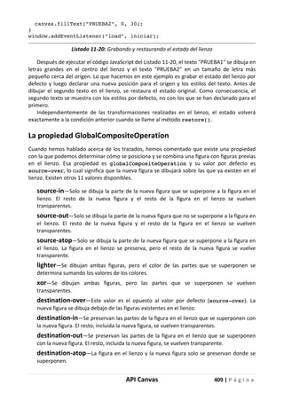 API Canvas 409 | P á g i n a
canvas.fillText("PRUEBA2", 0, 30);
}
window.addEventListener("load", iniciar);
Listado 11-20: Grabando y restaurando el estado del lienzo
Después de ejecutar el código JavaScript del Listado 11-20, el texto "PRUEBA1" se dibuja en
letras grandes en el centro del lienzo y el texto "PRUEBA2" en un tamaño de letra más
pequeño cerca del origen. Lo que hacemos en este ejemplo es grabar el estado del lienzo por
defecto y luego declarar una nueva posición para el origen y los estilos del texto. Antes de
dibujar el segundo texto en el lienzo, se restaura el estado original. Como consecuencia, el
segundo texto se muestra con los estilos por defecto, no con los que se han declarado para el
primero.
Independientemente de las transformaciones realizadas en el lienzo, el estado volverá
exactamente a la condición anterior cuando se llame al método restore().
La propiedad GlobalCompositeOperation
Cuando hemos hablado acerca de los trazados, hemos comentado que existe una propiedad
con la que podemos determinar cómo se posiciona y se combina una figura con figuras previas
en el lienzo. Esa propiedad es globalCompositeOperation y su valor por defecto es
source-over, lo cual significa que la nueva figura se dibujará sobre las que ya existen en el
lienzo. Existen otros 11 valores disponibles.
source-in—Solo se dibuja la parte de la nueva figura que se superpone a la figura en el
lienzo. El resto de la nueva figura y el resto de la figura en el lienzo se vuelven
transparentes.
source-out—Solo se dibuja la parte de la nueva figura que no se superpone a la figura en
el lienzo. El resto de la nueva figura y el resto de la figura en el lienzo se vuelven
transparentes.
source-atop—Solo se dibuja la parte de la nueva figura que se superpone a la figura en
el lienzo. La figura en el lienzo se preserva, pero el resto de la nueva figura se vuelve
transparente.
lighter—Se dibujan ambas figuras, pero el color de las partes que se superponen se
determina sumando los valores de los colores.
xor—Se dibujan ambas figuras, pero las partes que se superponen se vuelven
transparentes.
destination-over—Este valor es el opuesto al valor por defecto (source-over). La
nueva figura se dibuja debajo de las figuras existentes en el lienzo.
destination-in—Se preservan las partes de la figura en el lienzo que se superponen con
la nueva figura. El resto, incluida la nueva figura, se vuelven transparentes.
destination-out—Se preservan las partes de la figura en el lienzo que se superponen
con la nueva figura. El resto, incluida la nueva figura, se vuelven transparente.
destination-atop—La figura en el lienzo y la nueva figura solo se preservan donde se
superponen.
 