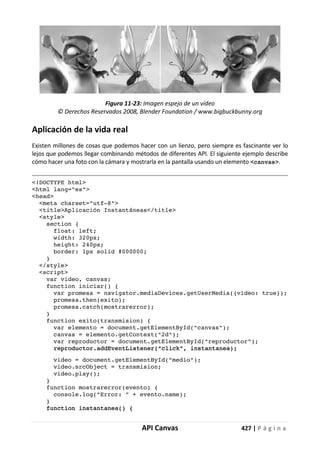 API Canvas 427 | P á g i n a
Figura 11-23: Imagen espejo de un vídeo
© Derechos Reservados 2008, Blender Foundation / www.bigbuckbunny.org
Aplicación de la vida real
Existen millones de cosas que podemos hacer con un lienzo, pero siempre es fascinante ver lo
lejos que podemos llegar combinando métodos de diferentes API. El siguiente ejemplo describe
cómo hacer una foto con la cámara y mostrarla en la pantalla usando un elemento <canvas>.
<!DOCTYPE html>
<html lang="es">
<head>
<meta charset="utf-8">
<title>Aplicación Instantáneas</title>
<style>
section {
float: left;
width: 320px;
height: 240px;
border: 1px solid #000000;
}
</style>
<script>
var video, canvas;
function iniciar() {
var promesa = navigator.mediaDevices.getUserMedia({video: true});
promesa.then(exito);
promesa.catch(mostrarerror);
}
function exito(transmision) {
var elemento = document.getElementById("canvas");
canvas = elemento.getContext("2d");
var reproductor = document.getElementById("reproductor");
reproductor.addEventListener("click", instantanea);
video = document.getElementById("medio");
video.srcObject = transmision;
video.play();
}
function mostrarerror(evento) {
console.log("Error: " + evento.name);
}
function instantanea() {
 
