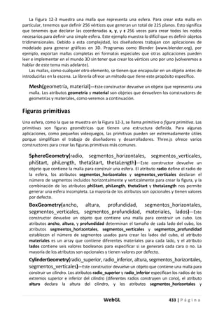 WebGL 433 | P á g i n a
La Figura 12-3 muestra una malla que representa una esfera. Para crear esta malla en
particular, tenemos que definir 256 vértices que generan un total de 225 planos. Esto significa
que tenemos que declarar las coordenadas x, y, y z 256 veces para crear todos los nodos
necesarios para definir una simple esfera. Este ejemplo muestra lo difícil que es definir objetos
tridimensionales. Debido a esta complejidad, los diseñadores trabajan con aplicaciones de
modelado para generar gráficos en 3D. Programas como Blender (www.blender.org), por
ejemplo, exportan mallas completas en formatos especiales que otras aplicaciones pueden
leer e implementar en el mundo 3D sin tener que crear los vértices uno por uno (volveremos a
hablar de este tema más adelante).
Las mallas, como cualquier otro elemento, se tienen que encapsular en un objeto antes de
introducirlas en la escena. La librería ofrece un método que tiene este propósito específico.
Mesh(geometría, material)—Este constructor devuelve un objeto que representa una
malla. Los atributos geometría y material son objetos que devuelven los constructores de
geometrías y materiales, como veremos a continuación.
Figuras primitivas
Una esfera, como la que se muestra en la Figura 12-3, se llama primitiva o figura primitiva. Las
primitivas son figuras geométricas que tienen una estructura definida. Para algunas
aplicaciones, como pequeños videojuegos, las primitivas pueden ser extremadamente útiles
porque simplifican el trabajo de diseñadores y desarrolladores. Three.js ofrece varios
constructores para crear las figuras primitivas más comunes.
SphereGeometry(radio, segmentos_horizontales, segmentos_verticales,
phiStart, phiLength, thetaStart, thetaLength)—Este constructor devuelve un
objeto que contiene la malla para construir una esfera. El atributo radio define el radio de
la esfera, los atributos segmentos_horizontales y segmentos_verticales declaran el
número de segmentos incluidos horizontalmente y verticalmente para crear la figura, y la
combinación de los atributos phiStart, phiLength, thetaStart y thetaLength nos permite
generar una esfera incompleta. La mayoría de los atributos son opcionales y tienen valores
por defecto.
BoxGeometry(ancho, altura, profundidad, segmentos_horizontales,
segmentos_verticales, segmentos_profundidad, materiales, lados)—Este
constructor devuelve un objeto que contiene una malla para construir un cubo. Los
atributos ancho, altura, y profundidad determinan el tamaño de cada lado del cubo, los
atributos segmentos_horizontales, segmentos_verticales y segmentos_profundidad
establecen el número de segmentos usados para crear los lados del cubo, el atributo
materiales es un array que contiene diferentes materiales para cada lado, y el atributo
lados contiene seis valores booleanos para especificar si se generará cada cara o no. La
mayoría de los atributos son opcionales y tienen valores por defecto.
CylinderGeometry(radio_superior, radio_inferior, altura, segmentos_horizontales,
segmentos_verticales)—Este constructor devuelve un objeto que contiene una malla para
construir un cilindro. Los atributos radio_superior y radio_inferior especifican los radios de los
extremos superior e inferior del cilindro (diferentes radios construyen un cono), el atributo
altura declara la altura del cilindro, y los atributos segmentos_horizontales y
 