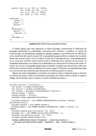 WebGL 453 | P á g i n a
muros: [{x: 0, y: 100, z: -1000},
{x: -1000, y: 100, z: 0},
{x: 0, y: 100, z: 1000},
{x: 1000, y: 100, z:0}],
texturas: {
coche: "",
piso: "",
muros: ""
},
objetivos: {
malla: "",
limites: [],
},
entrada: []
};
Listado 12-11: Definiendo propiedades básicas
El objeto global para esta aplicación se llama mijuego. Comenzamos la definición de
mijuego declarando las propiedades necesarias para controlar y modificar el estado de
nuestro juego. Las propiedades renderer, escena, camara y luz almacenan las referencias
en los elementos de nuestro mundo 3D. La propiedad coche contiene un objeto con los datos
básicos de nuestro coche, como la malla y el valor de la velocidad actual. La propiedad muros
es un array que contiene cuatro vértices para la definición de la posición de los muros. La
propiedad texturas es un objeto con propiedades que referencian las texturas del coche, el
suelo y los muros. La propiedad objetivos es también un objeto que almacena la malla y los
límites de las esferas verdes (el objetivo de nuestro juego). Finalmente, la propiedad entrada
es un array vacío que usaremos para almacenar las teclas que pulsa el usuario.
Algunas de estas propiedades se inicializan con valores vacíos. El siguiente paso es declarar
los valores correctos y definir los elementos principales de nuestra escena cuando se carga el
código. Como siempre, esto se realiza en nuestro método iniciar().
mijuego.iniciar = function() {
var ancho = window.innerWidth;
var altura = window.innerHeight;
var canvas = document.createElement("canvas");
canvas.width = ancho;
canvas.height = altura;
document.body.appendChild(canvas);
mijuego.renderer = new THREE.WebGLRenderer({canvas: canvas,
antialias:true});
mijuego.escena = new THREE.Scene();
mijuego.camara = new THREE.PerspectiveCamera(45, ancho / altura, 0.1,
10000);
mijuego.camara.position.set(0, 50, 150);
mijuego.luz = new THREE.PointLight(0x999999, 1);
mijuego.luz.position.set(0, 50, 150);
mijuego.escena.add(mijuego.luz);
window.addEventListener("keydown", function(evento) {
mijuego.entrada.push({type: "keydown", key: evento.key});
});
 