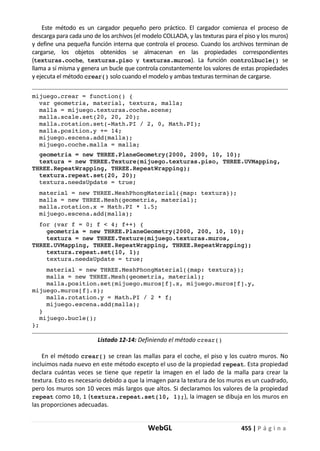 WebGL 455 | P á g i n a
Este método es un cargador pequeño pero práctico. El cargador comienza el proceso de
descarga para cada uno de los archivos (el modelo COLLADA, y las texturas para el piso y los muros)
y define una pequeña función interna que controla el proceso. Cuando los archivos terminan de
cargarse, los objetos obtenidos se almacenan en las propiedades correspondientes
(texturas.coche, texturas.piso y texturas.muros). La función controlbucle() se
llama a sí misma y genera un bucle que controla constantemente los valores de estas propiedades
y ejecuta el método crear() solo cuando el modelo y ambas texturas terminan de cargarse.
mijuego.crear = function() {
var geometria, material, textura, malla;
malla = mijuego.texturas.coche.scene;
malla.scale.set(20, 20, 20);
malla.rotation.set(-Math.PI / 2, 0, Math.PI);
malla.position.y += 14;
mijuego.escena.add(malla);
mijuego.coche.malla = malla;
geometria = new THREE.PlaneGeometry(2000, 2000, 10, 10);
textura = new THREE.Texture(mijuego.texturas.piso, THREE.UVMapping,
THREE.RepeatWrapping, THREE.RepeatWrapping);
textura.repeat.set(20, 20);
textura.needsUpdate = true;
material = new THREE.MeshPhongMaterial({map: textura});
malla = new THREE.Mesh(geometria, material);
malla.rotation.x = Math.PI * 1.5;
mijuego.escena.add(malla);
for (var f = 0; f < 4; f++) {
geometria = new THREE.PlaneGeometry(2000, 200, 10, 10);
textura = new THREE.Texture(mijuego.texturas.muros,
THREE.UVMapping, THREE.RepeatWrapping, THREE.RepeatWrapping);
textura.repeat.set(10, 1);
textura.needsUpdate = true;
material = new THREE.MeshPhongMaterial({map: textura});
malla = new THREE.Mesh(geometria, material);
malla.position.set(mijuego.muros[f].x, mijuego.muros[f].y,
mijuego.muros[f].z);
malla.rotation.y = Math.PI / 2 * f;
mijuego.escena.add(malla);
}
mijuego.bucle();
};
Listado 12-14: Definiendo el método crear()
En el método crear() se crean las mallas para el coche, el piso y los cuatro muros. No
incluimos nada nuevo en este método excepto el uso de la propiedad repeat. Esta propiedad
declara cuántas veces se tiene que repetir la imagen en el lado de la malla para crear la
textura. Esto es necesario debido a que la imagen para la textura de los muros es un cuadrado,
pero los muros son 10 veces más largos que altos. Si declaramos los valores de la propiedad
repeat como 10, 1 (textura.repeat.set(10, 1);), la imagen se dibuja en los muros en
las proporciones adecuadas.
 