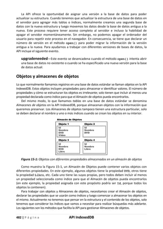 482 | P á g i n a API IndexedDB
La API ofrece la oportunidad de asignar una versión a la base de datos para poder
actualizar su estructura. Cuando tenemos que actualizar la estructura de una base de datos en
el servidor para agregar más tablas o índices, normalmente creamos una segunda base de
datos con la nueva estructura y luego movemos los datos desde la base de datos antigua a la
nueva. Este proceso requiere tener acceso completo al servidor e incluso la habilidad de
apagar el servidor momentáneamente. Sin embargo, no podemos apagar el ordenador del
usuario para repetir este proceso en el navegador. En consecuencia, se tiene que declarar un
número de versión en el método open() para poder migrar la información de la versión
antigua a la nueva. Para ayudarnos a trabajar con diferentes versiones de bases de datos, la
API incluye el siguiente evento.
upgradeneeded—Este evento se desencadena cuando el método open() intenta abrir
una base de datos no existente o cuando se ha especificado una nueva versión para la base
de datos actual.
Objetos y almacenes de objetos
Lo que normalmente llamamos registros en una base de datos estándar se llaman objetos en la API
IndexedDB. Estos objetos incluyen propiedades para almacenar e identificar valores. El número de
propiedades y cómo se estructuran los objetos es irrelevante; solo tienen que incluir al menos una
propiedad declarada como índice para que el Almacén de objetos pueda encontrarlos.
Del mismo modo, lo que llamamos tablas en una base de datos estándar se denomina
Almacenes de objetos en la API IndexedDB, porque almacenan objetos con la información que
queremos preservar. Los Almacenes de objetos tampoco tienen una estructura particular, solo
se deben declarar el nombre y uno o más índices cuando se crean los objetos en su interior.
Figura 15-1: Objetos con diferentes propiedades almacenados en un almacén de objetos
Como muestra la Figura 15-1, un Almacén de Objetos puede contener varios objetos con
diferentes propiedades. En este ejemplo, algunos objetos tiene la propiedad DVD, otros tiene
la propiedad Libro, etc. Cada uno tiene las suyas propias, pero todos deben incluir al menos
un propiedad seleccionada como índice para que el Almacén de objetos pueda encontrarlos
(en este ejemplo, la propiedad asignada con este propósito podría ser Id, porque todos los
objetos la contienen).
Para trabajar con objetos y Almacenes de objetos, necesitamos crear el Almacén de objetos,
declarar las propiedades que se usarán como índices y luego comenzar a almacenar los objetos en
el mismo. Actualmente no tenemos que pensar en la estructura y el contenido de los objetos, solo
tenemos que considerar los índices que vamos a necesitar para realizar búsquedas más adelante.
Los siguientes son los métodos que facilita la API para gestionar Almacenes de objetos.
 