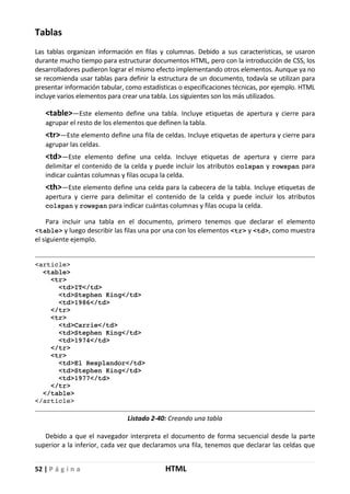 52 | P á g i n a HTML
Tablas
Las tablas organizan información en filas y columnas. Debido a sus características, se usaron
durante mucho tiempo para estructurar documentos HTML, pero con la introducción de CSS, los
desarrolladores pudieron lograr el mismo efecto implementando otros elementos. Aunque ya no
se recomienda usar tablas para definir la estructura de un documento, todavía se utilizan para
presentar información tabular, como estadísticas o especificaciones técnicas, por ejemplo. HTML
incluye varios elementos para crear una tabla. Los siguientes son los más utilizados.
<table>—Este elemento define una tabla. Incluye etiquetas de apertura y cierre para
agrupar el resto de los elementos que definen la tabla.
<tr>—Este elemento define una fila de celdas. Incluye etiquetas de apertura y cierre para
agrupar las celdas.
<td>—Este elemento define una celda. Incluye etiquetas de apertura y cierre para
delimitar el contenido de la celda y puede incluir los atributos colspan y rowspan para
indicar cuántas columnas y filas ocupa la celda.
<th>—Este elemento define una celda para la cabecera de la tabla. Incluye etiquetas de
apertura y cierre para delimitar el contenido de la celda y puede incluir los atributos
colspan y rowspan para indicar cuántas columnas y filas ocupa la celda.
Para incluir una tabla en el documento, primero tenemos que declarar el elemento
<table> y luego describir las filas una por una con los elementos <tr> y <td>, como muestra
el siguiente ejemplo.
<article>
<table>
<tr>
<td>IT</td>
<td>Stephen King</td>
<td>1986</td>
</tr>
<tr>
<td>Carrie</td>
<td>Stephen King</td>
<td>1974</td>
</tr>
<tr>
<td>El Resplandor</td>
<td>Stephen King</td>
<td>1977</td>
</tr>
</table>
</article>
Listado 2-40: Creando una tabla
Debido a que el navegador interpreta el documento de forma secuencial desde la parte
superior a la inferior, cada vez que declaramos una fila, tenemos que declarar las celdas que
 