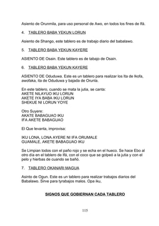 Asiento de Orunmila, para uso personal de Awo, en todos los fines de Ifá.
4. TABLERO BABA YEKUN LORUN
Asiento de Shango, este tablero es de trabajo diario del babalawo.
5. TABLERO BABA YEKUN KAYERE
ASIENTO DE Osain. Este tablero es de tabajo de Osain.
6. TABLERO BABA YEKUN KAYERE
ASIENTO DE Oduduwa. Este es un tablero para realizar los Ita de Ikofa,
awofaka, ita de Oduduwa y bajada de Orunla.
En este tablero, cuando se mata la jutia, se canta:
AKETE NILAYUO IKU LORUN
AKETE IYA BABA IKU LORUN
SHEKUE NI LORUN YOYE
Otro Suyere:
AKATE BABAGUAO IKU
IFA AKETE BABAGUAO
El Que levanta, improvisa:
IKU LONA, LONA AYERE NI IFA ORUMALE
GUAMALE, AKETE BABAGUAO IKU
Se Limpian todos con el paño rojo y se echa en el hueco. Se hace Ebo al
otro día en el tablero de Ifá, con el coco que se golpeó a la jutia y con el
pelo y hierbas de cuando se bañó.
7. TABLERO OKANARI MAGUA
Asinto de Ogun. Este es un tablero para realizar trabajos diarios del
Babalawo. Sirve para tyrabajos malos. Opa iku,
SIGNOS QUE GOBIERNAN CADA TABLERO
115
 
