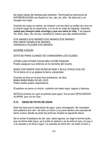 de todas clases de hierbas para bañarse. Terminada la ceremonia se
KOFIBORI ELEDA con Eyele fun fun, obí, ori, efún. Se dará obí y se
recogen los cujes.
Cuando los cujes se retiran, se rompen y se les dará un pollito dun dun en
el mismo lugar de la ceremonia, o si no en la mata de Oguede, diciendo:
usted que siempre esté conmigo y que me salve la vida. Y se pasará
Ori, Efun, Epo, Oti, ita tutu, diciendo lo mismo que dijo anteriormente.
EYE MAWEO EYE MAWEO EYE MAWEO EYE MAWEO
ERU REPE ODARA EYE MAWEO
ASHIKUELU ELEGBA EYE MAWEO
SUYERE A EGUN
ESTO ES PARA CUANDO SE CONSAGRAN LOS CUJEES.
ATORI LONI OTORO EGUN NIKU ATORI PASHAN
Puede asegurar sus órdenes en la memória del muerto.
BUKO OOO MOPE OOO BI MO BI ISAN Y BI ILE OYALE KUA OO
Yo te llamo oh si yo golpeo la tierra, preséntate.
Cuando se toca en el piso tres puñetazos, se dice:
BABA BABA BABA DA MI LOJO
Padre pradre padre respóndeme.
El pashan se pone un rincón, cubierto con telas rojas, negras y blancas.
NOTA:el primero en usar el pashan para egun, fue el awo OPOLONCHO
ALAPINI, que vivi en Oyo.
9.13. OSUN DE PATIO DE EGUN
Esto Se hace par la adoracion de egun, para consagrarlo. Se necesitan:
dos pollenes dun dun. Se abre un kutun y se pone dentro una cazuela de
barro nueva, donde se pinta las pinturas rituales la siguiente atena
Se le echan 9 pedazos de obi, epo, atare aguma, se coge el primer pollo,
que se llama adie treya, se le pinta la cabeza y se le echa la eye y la juju a
a la cazuela y se llma a egun. La cazuela se echa ahí, se mete el osun y
130
 