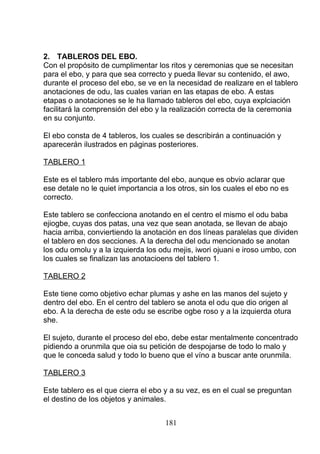 2. TABLEROS DEL EBO.
Con el propósito de cumplimentar los ritos y ceremonias que se necesitan
para el ebo, y para que sea correcto y pueda llevar su contenido, el awo,
durante el proceso del ebo, se ve en la necesidad de realizare en el tablero
anotaciones de odu, las cuales varian en las etapas de ebo. A estas
etapas o anotaciones se le ha llamado tableros del ebo, cuya explciación
facilitará la comprensión del ebo y la realización correcta de la ceremonia
en su conjunto.
El ebo consta de 4 tableros, los cuales se describirán a continuación y
aparecerán ilustrados en páginas posteriores.
TABLERO 1
Este es el tablero más importante del ebo, aunque es obvio aclarar que
ese detale no le quiet importancia a los otros, sin los cuales el ebo no es
correcto.
Este tablero se confecciona anotando en el centro el mismo el odu baba
ejiogbe, cuyas dos patas, una vez que sean anotada, se llevan de abajo
hacia arriba, conviertiendo la anotación en dos líneas paralelas que dividen
el tablero en dos secciones. A la derecha del odu mencionado se anotan
los odu omolu y a la izquierda los odu mejis, iwori ojuani e iroso umbo, con
los cuales se finalizan las anotacioens del tablero 1.
TABLERO 2
Este tiene como objetivo echar plumas y ashe en las manos del sujeto y
dentro del ebo. En el centro del tablero se anota el odu que dio origen al
ebo. A la derecha de este odu se escribe ogbe roso y a la izquierda otura
she.
El sujeto, durante el proceso del ebo, debe estar mentalmente concentrado
pidiendo a orunmila que oia su petición de despojarse de todo lo malo y
que le conceda salud y todo lo bueno que el víno a buscar ante orunmila.
TABLERO 3
Este tablero es el que cierra el ebo y a su vez, es en el cual se preguntan
el destino de los objetos y animales.
181
 