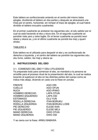 Este tablero es confeccionado antando en el centro del mismo baba
ejiogbe, dividiendo el tablero en dos partes y después se atravesará una
línea por el centro, horizontal, sin romper el trazo de ejiogbe, el cual habrá
dividido el tablero encuatro cuadrantes
En el primer cuadrante se anotaran los siguientes odu: el odu salidor por el
cual se está haciendo el ebo y otura she. En el segundo cuadrante se
pondrán irete yero y oshe logbe. En el tercer cuadrante se pondrá iwori
obara y okana sa, y en el último cuadrante se pondrá ika meji y ojuani
shobe.
TABLERO 4
Este tablero es el utilizado para despedir el ebo y es confecionado de
derecha a izquierda, y el centro del tablero se pondrán los siguientes odu:
oku fumo, salidor, ika meji y okana sa.
3. INSTRUCCIONES DEL EBO
3.1. COMIENZO DEL EBO Y ODU UTILIZADOS
Ya preparado todo para comenzar el ebo, se mandará a la persona se
arrodille para el proceso ritual de la presentación del ebo, lo cual se realiza
tocando al sujetocon el ebo en las distintas partes del cuerpo como se
indica más abajo, diciendo en cada una la frase en yoruba.
FRENTE AGO ORI
CUELLO AGO OFUN
NUCA AGO IPAKO
HOMBRO DERECHO LAPA OTUN
HOMBRO IZQUIERDO LAPA OSI
ESTOMAGO OLU YUN
RODILLA DERECHA ITAN BORUKU
RODILLA IZQUEIRDA ITAN BORUKU LODE
PIE DERECHO ELESE KAN
PIE IZQUIERDO ELESE MEJI
MANO DERECHA OWO OTUN
MANO IZQUIERDA OWO OSI
Y se cierra con la frase: ARIKU BABAWA
182
 