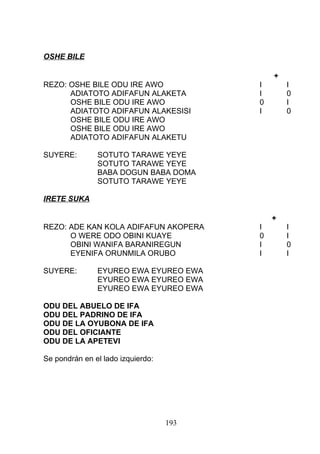 OSHE BILE
+
REZO: OSHE BILE ODU IRE AWO I I
ADIATOTO ADIFAFUN ALAKETA I 0
OSHE BILE ODU IRE AWO 0 I
ADIATOTO ADIFAFUN ALAKESISI I 0
OSHE BILE ODU IRE AWO
OSHE BILE ODU IRE AWO
ADIATOTO ADIFAFUN ALAKETU
SUYERE: SOTUTO TARAWE YEYE
SOTUTO TARAWE YEYE
BABA DOGUN BABA DOMA
SOTUTO TARAWE YEYE
IRETE SUKA
+
REZO: ADE KAN KOLA ADIFAFUN AKOPERA I I
O WERE ODO OBINI KUAYE 0 I
OBINI WANIFA BARANIREGUN I 0
EYENIFA ORUNMILA ORUBO I I
SUYERE: EYUREO EWA EYUREO EWA
EYUREO EWA EYUREO EWA
EYUREO EWA EYUREO EWA
ODU DEL ABUELO DE IFA
ODU DEL PADRINO DE IFA
ODU DE LA OYUBONA DE IFA
ODU DEL OFICIANTE
ODU DE LA APETEVI
Se pondrán en el lado izquierdo:
193
 