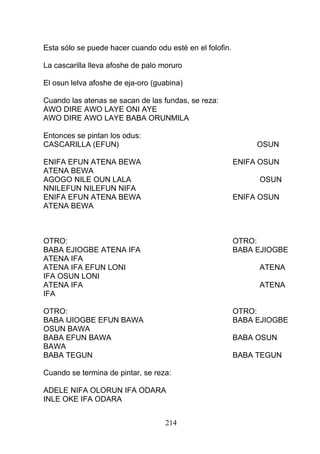Esta sólo se puede hacer cuando odu esté en el folofin.
La cascarilla lleva afoshe de palo moruro
El osun lelva afoshe de eja-oro (guabina)
Cuando las atenas se sacan de las fundas, se reza:
AWO DIRE AWO LAYE ONI AYE
AWO DIRE AWO LAYE BABA ORUNMILA
Entonces se pintan los odus:
CASCARILLA (EFUN) OSUN
ENIFA EFUN ATENA BEWA ENIFA OSUN
ATENA BEWA
AGOGO NILE OUN LALA OSUN
NNILEFUN NILEFUN NIFA
ENIFA EFUN ATENA BEWA ENIFA OSUN
ATENA BEWA
OTRO: OTRO:
BABA EJIOGBE ATENA IFA BABA EJIOGBE
ATENA IFA
ATENA IFA EFUN LONI ATENA
IFA OSUN LONI
ATENA IFA ATENA
IFA
OTRO: OTRO:
BABA IJIOGBE EFUN BAWA BABA EJIOGBE
OSUN BAWA
BABA EFUN BAWA BABA OSUN
BAWA
BABA TEGUN BABA TEGUN
Cuando se termina de pintar, se reza:
ADELE NIFA OLORUN IFA ODARA
INLE OKE IFA ODARA
214
 