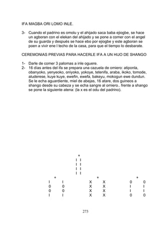 IFA MAGBA ORI LOMO INLE.
3- Cuando el padrino es omolu y el ahijado saca baba ejiogbe, se hace
un agboran con el elekan del ahijado y se pone a comer con el angel
de su guarda y después se hace ebo por ejiogbe y este agboran se
poen a vivir ene l techo de la casa, para que el tiempo lo desbarate.
CEREMONIAS PREVIAS PARA HACERLE IFA A UN HIJO DE SHANGO
1- Darle de comer 3 palomas a inle oguere.
2- 16 días antes del ifa se prepara una cazuela de omiero: atiponla,
obanyoko, yenyeoko, oniyoko, yokoye, tetenifa, araba, ikoko, tomode,
aluderese, kuye kuye, ewefin, ewefa, bakeyu, mokogun ewe dundun.
Se le echa aguardiente, miel de abejas, 16 atare, dos guineos a
shango desde su cabeza y se echa sangre al omiero.. frente a shango
se pone la siguiente atena: (la x es el odu del padrino).
+
I I
I I
I I
I I
+ + +
I I X X 0 0
0 0 X X I I
0 0 X X I I
I I X X 0 0
273
 