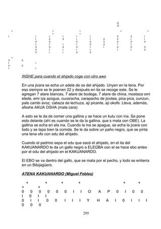 D
O
+ + + + +
+ +
I I I I I I 0 0 I
I 0 0 I I 0 0 I I
0 0 0 0 0 0 0 0
I I I I 0 0 I I
0 0 0 0 I I 0 0 0
0 I I I I I I 0
0 I I 0 0
+
0 0
I I
0 0
I I
INSHE para cuando el ahijado coge con otro awo
En una jicara se echa un adele de os del ahijado. Unyen en la tena. Por
eso siempre se le poenen 22 y después en ita se recoge este. Se le
agregan 7 atare blancas, 7 atare de bodega, 7 atare de china, mostaza omi
elede, emi iya azogue, cucaracha, carapacho de jicotea, pica pica, zunzun,
palo cambi avoz, cabeza de lechuza, aji picante, aji okofo. Lleva, además,
afoshe AKUA OSHA (mala cara)
A esto se le da de comer una gallina y se hace un kutu con ina. Se pone
esto delante (ahí es cuando se le da la gallina, que s mata con OBE). La
gallina se echa en ela ina. Cuando la ina se apague, se echa la jicara con
todo y se tapa bien la comida. Se le da sobre un paño negro, que se pinta
una tena ofo con odu del ahijado.
Cuando el padrino sepa el odu que sacó el ahijado, en el ita del
KAKUANARDO le da un gallo negro a ELEGBA con el se hace ebo antes
por el odu del ahijado en el KAKUANARDO.
El EBO se va dentro del gallo, que se mata por el pecho, y todo se entierra
en un Bibijagüero.
ATENA KAKUANARDO (Miguel Febles)
+ + + + + +
+ +
0 0 0 0 0 0 I I O A P 0 I 0 0
I 0 I I
0 I I 0 0 I I I Y H A I 0 I I I
0 0 0
295
 