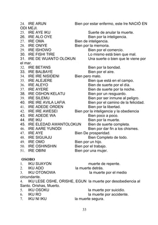 24. IRE ARUN Bien por estar enfermo, este Ire NACIÓ EN
ODI MEJI.
25. IRE AYE IKU Suerte de anular la muerte.
26. IRE ALO OYE Bien por la inteligencia.
27. IRE OMA Bien de inteligencia.
28. IRE ONIYE Bien por la memoria.
29. IRE ISHOWO Bien por el comercio.
30. IRE FISHI TIRE Lo mismo está bien que mal.
31. IRE DE WUANTO OLOKUN Una suerte o bien que le viene por
el mar.
32. IRE BETANS Bien por la bondad.
33. IRE BALBAYE Bien por el aire.
34. IRE IRE NISIDENI Bien pero malo.
35. IRE ALEJERE Bien que está en el campo.
36. IRE ALEYO Bien de suerte por el día.
37. IRE AYERE Bien de suerte por la noche.
38. IRE OSHON KELATU Bien por un resguardo.
39. IRE SILEMU Bien por ser inmune al peligro.
40. IRE IRE AVILA LAFIA Bien por el camino de la felicidad.
41. IRE ADEDE ORDEN Bien por la libertad.
42. IRE IRE AWESEI Bien por la inteligencia y la obediencia
43. IRE ADEDE WA Bien poco a poco.
44. IRE IKU Bien por la muerte.
45. IRE ELEDAD AWANTOLOKUN Bien de suerte completa.
46. IRE AARE YUNODI Bien por dar fin a los chismes.
47. IRE AYE Bien De prosperidad.
48. IRE SIGUAJU Bien Completo de todo.
49. IRE OMO Bien por un hijo.
50. IRE OSHINSHIN Bien por el trabajo.
51. IRE OBINI Bien por una mujer.
OSOBO
1. IKU SUAYON muerte de repente.
2. IKU ADO la muerte detrás.
3. IKU OTONOWA la muerte por el medio
circundante.
4. IKU LESE OSHE, ORISHE, EGUN la muerte por desobediencia al
Santo. Orishas, Muerto.
5. IKU OSOKU la muerte por suicidio.
6. IKU RO la muerte por accidente.
7. IKU NI IKU la muerte segura.
33
 