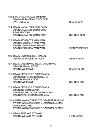 123. EWE ONIBARA, EWE ONIBARA
OBARA BARA OZAIN OWOLODE
EWE ONIBARA OBARA MEYI
124. OZAIN NADA LERI LOMI LOMIO
OZAIN NADA LERI LOMI LOMIO
PEWENE OZAIN
OZAIN NADA LERI LOMI LOMIO OGUNDA KETE
125. OZAIN IKOKO OTA WAN WAN
OZAIN IKODO OTA WAN WAN
SHUSHU DIDE OZAIN KUNAYO
OZAIN IKOKO OTA WAN WAN IRETE WAN WAN
126. OZAIN ONI MOLEIKUN MAKUN
OZAIN ONI MOLEIKUN MOLA OBARA KARA
127. OZAIN EWE INAWE, OZAIN EWE INAWE
OPONSA IFA NILADIDE
OZAIN EWE INAWE OKANA YEKU
128. OZAIN ERESHE ILE BOMBOLARA
OZAIN IRESHE ILE BOMBOLARA
OBONSA IFA MILADIDE
OZAIN EWE INAWE OGUNDA DIO
129. OZAIN ERESHE ILE BOMBOLARA
OZAIN IRE BOMBOLARA
OZAIN IRE IRE TIKI TIKI BOMBOLARA
OZAIN ERESHE ILE BOMBOLARA OGUNDA DIO
130. AWARA WARA WARALOYE OZAIN KEÑEKEMIO
AWARA WARA WARALOYE OZAIN KELEKEMIO
ONIFA AWALOYE
AWARA WARA WARALOYE OZAIN KELEKEMIO
131. OZAIN EWE AYO AYO AYO
OZAIN EWE AYO AYO AYO IRETE ANSA
49
 