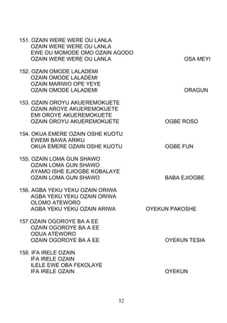 151. OZAIN WERE WERE OU LANLA
OZAIN WERE WERE OU LANLA
EWE OU MOMODE OMO OZAIN AGODO
OZAIN WERE WERE OU LANLA OSA MEYI
152. OZAIN OMODE LALADEMI
OZAIN OMODE LALADEMI
OZAIN MARIWO OPE YEYE
OZAIN OMODE LALADEMI ORAGUN
153. OZAIN OROYU AKUEREMOKUETE
OZAIN AROYE AKUEREMOKUETE
EMI OROYE AKUEREMOKUETE
OZAIN OROYU AKUEREMOKUETE OGBE ROSO
154. OKUA EMERE OZAIN OSHE KUOTU
EWEMI BAWA ARIKU
OKUA EMERE OZAIN OSHE KUOTU OGBE FUN
155. OZAIN LOMA GUN SHAWO
OZAIN LOMA GUN SHAWO
AYAMO ISHE EJIOGBE KOBALAYE
OZAIN LOMA GUN SHAWO BABA EJIOGBE
156. AGBA YEKU YEKU OZAIN ORIWA
AGBA YEKU YEKU OZAIN ORIWA
OLOMO ATEWORO
AGBA YEKU YEKU OZAIN ARIWA OYEKUN PAKOSHE
157.OZAIN OGOROYE BA A EE
OZAIN OGOROYE BA A EE
ODUA ATEWORO
OZAIN OGOROYE BA A EE OYEKUN TESIA
158. IFA IRELE OZAIN
IFA IRELE OZAIN
ILELE EWE OBA FEKOLAYE
IFA IRELE OZAIN OYEKUN
52
 