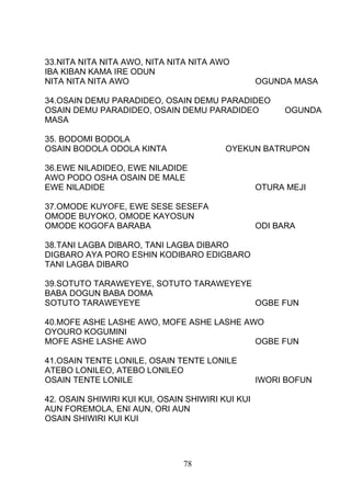 33.NITA NITA NITA AWO, NITA NITA NITA AWO
IBA KIBAN KAMA IRE ODUN
NITA NITA NITA AWO OGUNDA MASA
34.OSAIN DEMU PARADIDEO, OSAIN DEMU PARADIDEO
OSAIN DEMU PARADIDEO, OSAIN DEMU PARADIDEO OGUNDA
MASA
35. BODOMI BODOLA
OSAIN BODOLA ODOLA KINTA OYEKUN BATRUPON
36.EWE NILADIDEO, EWE NILADIDE
AWO PODO OSHA OSAIN DE MALE
EWE NILADIDE OTURA MEJI
37.OMODE KUYOFE, EWE SESE SESEFA
OMODE BUYOKO, OMODE KAYOSUN
OMODE KOGOFA BARABA ODI BARA
38.TANI LAGBA DIBARO, TANI LAGBA DIBARO
DIGBARO AYA PORO ESHIN KODIBARO EDIGBARO
TANI LAGBA DIBARO
39.SOTUTO TARAWEYEYE, SOTUTO TARAWEYEYE
BABA DOGUN BABA DOMA
SOTUTO TARAWEYEYE OGBE FUN
40.MOFE ASHE LASHE AWO, MOFE ASHE LASHE AWO
OYOURO KOGUMINI
MOFE ASHE LASHE AWO OGBE FUN
41.OSAIN TENTE LONILE, OSAIN TENTE LONILE
ATEBO LONILEO, ATEBO LONILEO
OSAIN TENTE LONILE IWORI BOFUN
42. OSAIN SHIWIRI KUI KUI, OSAIN SHIWIRI KUI KUI
AUN FOREMOLA, ENI AUN, ORI AUN
OSAIN SHIWIRI KUI KUI
78
 